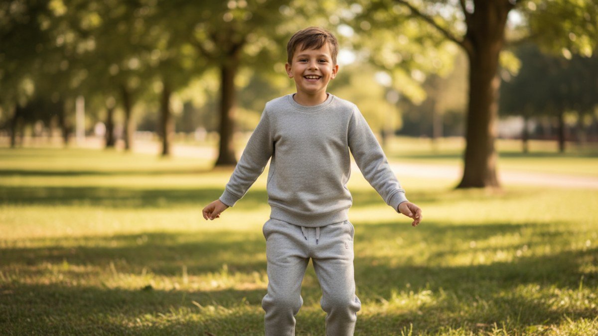 Crian&ccedil;a feliz brincando em parque, vestindo cal&ccedil;a de moletom infantil confort&aacute;vel e dur&aacute;vel, ideal para o uso di&aacute;rio e a rotina de brincadeiras.