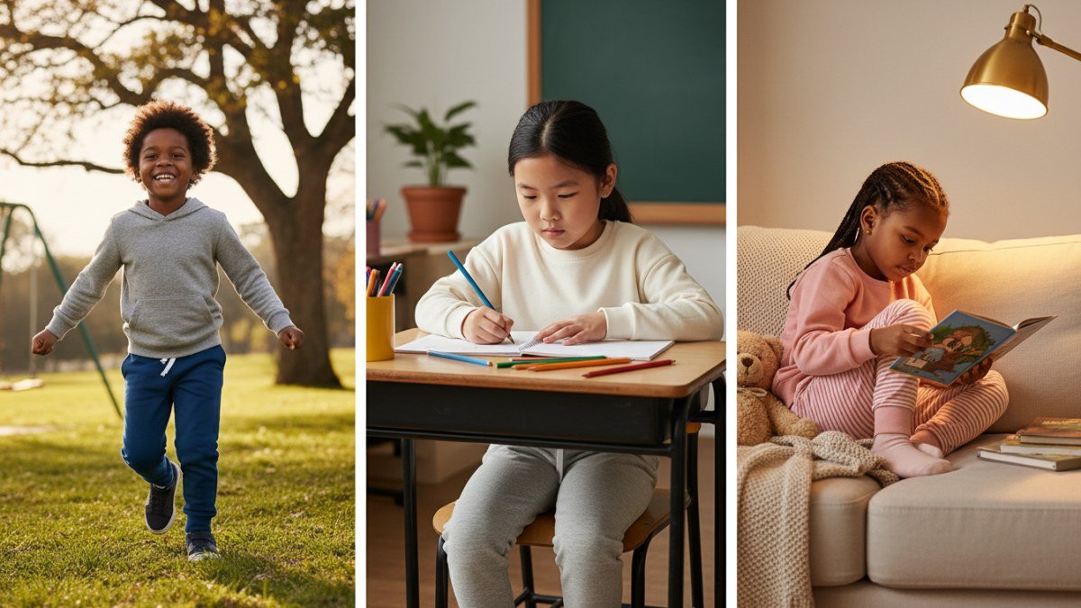 Crian&ccedil;as brasileiras em diferentes momentos do dia &ndash; brincando no parque, estudando na escola e relaxando em casa &ndash; todas usando cal&ccedil;as de moletom confort&aacute;veis e dur&aacute;veis, destacando a versatilidade da pe&ccedil;a para cada rotina.