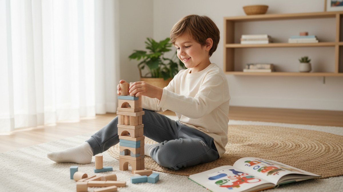 Crian&ccedil;a feliz de aproximadamente 7 anos sentada no ch&atilde;o, brincando com blocos de montar, vestindo uma cal&ccedil;a de moletom cinza de alta qualidade que proporciona conforto e liberdade de movimento para as atividades di&aacute;rias.