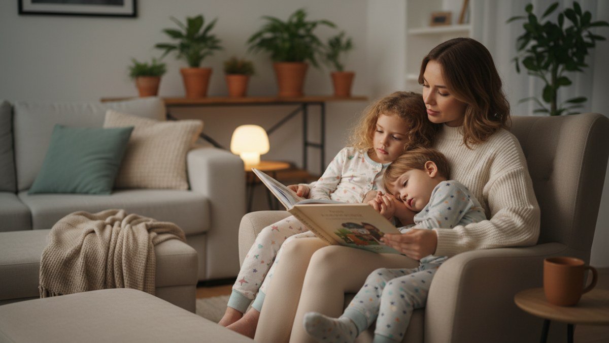 M&atilde;e lendo um livro para sua filha pequena e seu filho, ambos vestidos com pijamas macios, enquanto se aninham em um sof&aacute; aconchegante com luz ambiente suave. A cena transmite calma, conex&atilde;o familiar e prepara&ccedil;&atilde;o para o sono, ideal para o fim do dia.