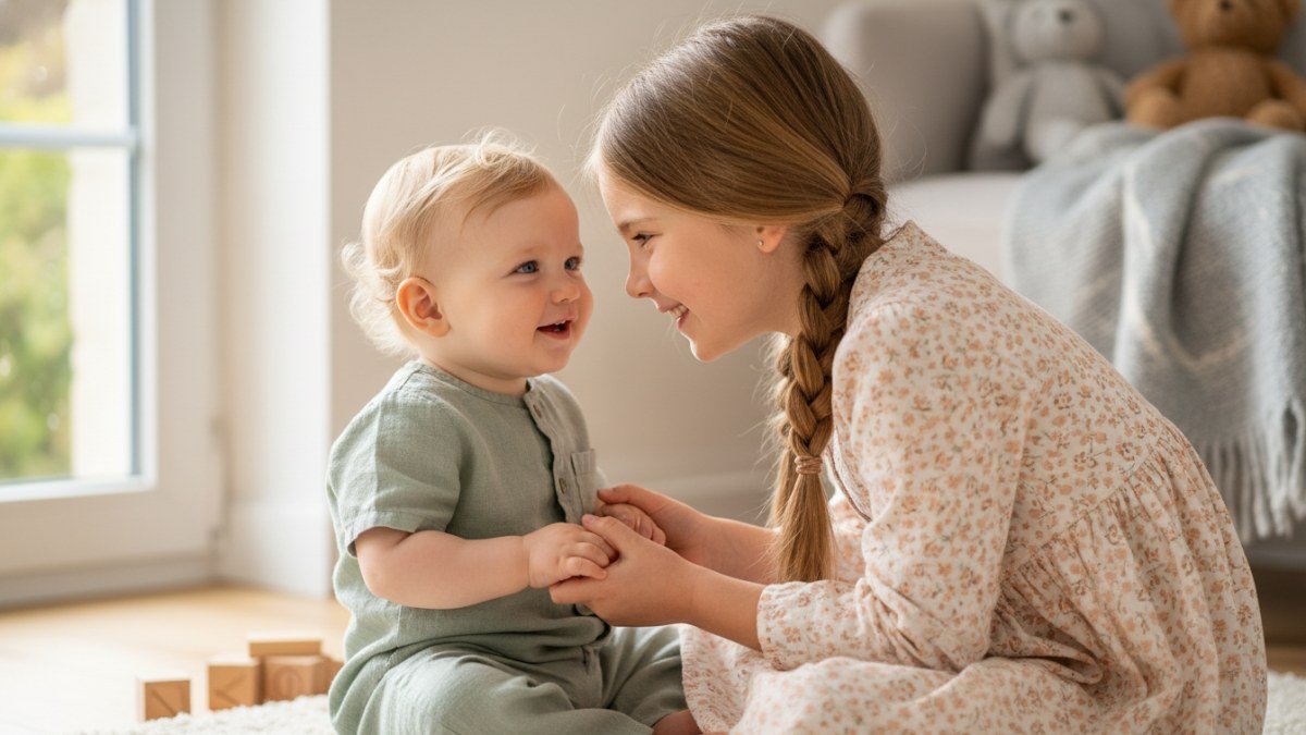 Dois irm&atilde;os, um beb&ecirc; e uma crian&ccedil;a mais velha, sorrindo e interagindo carinhosamente em um ambiente acolhedor. As crian&ccedil;as vestem roupas confort&aacute;veis e harmoniosas, que combinam em estilo e cor sem serem id&ecirc;nticas, simbolizando a conex&atilde;o e individualidade de nomes que se complementam.