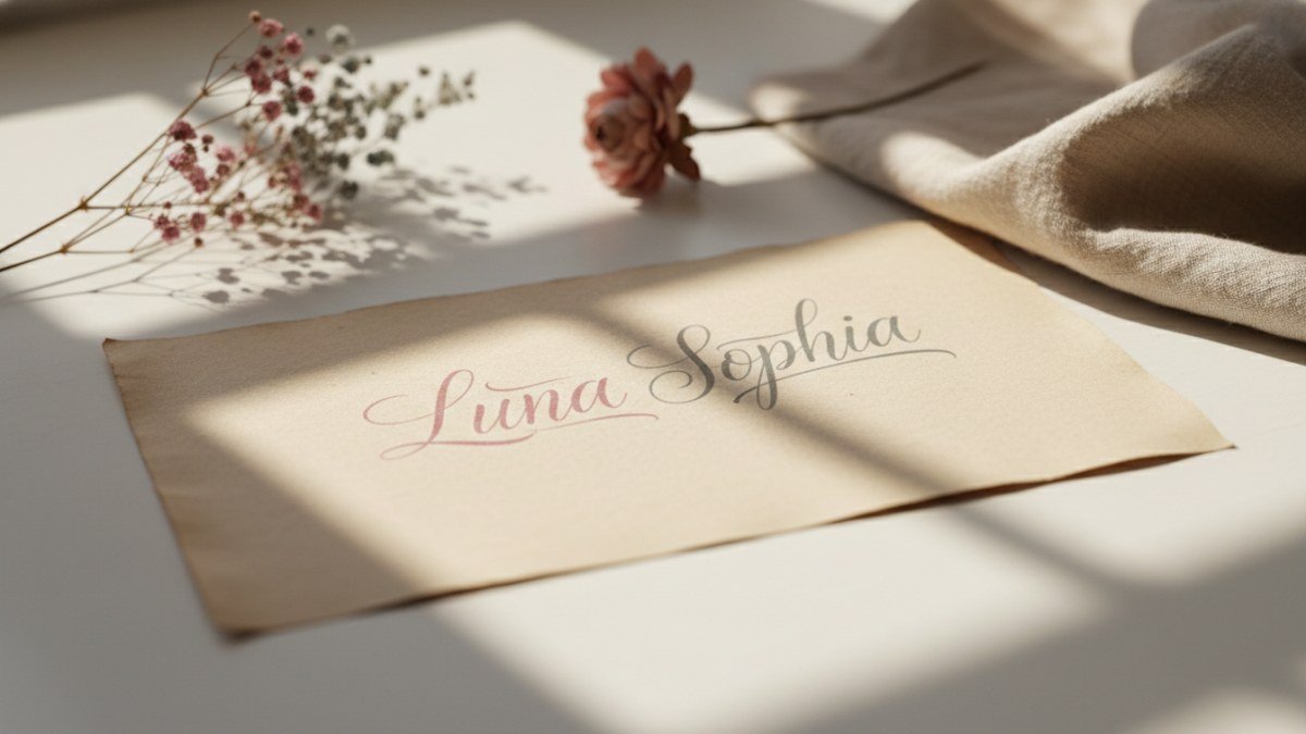 Composição visual suave e etérea, mostrando caligrafia elegante de um nome delicado em tons pastel sobre um fundo desfocado com elementos que remetem à infância e à contemplação, ideal para a escolha de nomes para meninas.