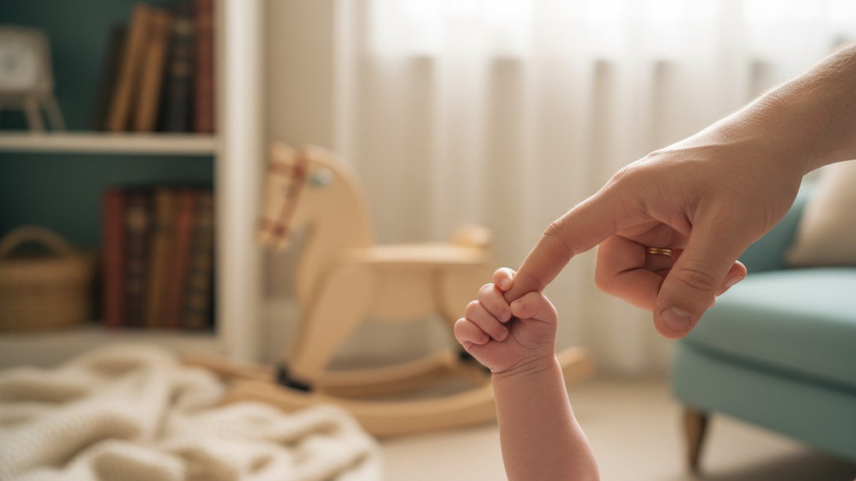M&atilde;ozinha de beb&ecirc; rec&eacute;m-nascido segurando suavemente o dedo de um adulto, em um cen&aacute;rio de ber&ccedil;&aacute;rio aconchegante com ilumina&ccedil;&atilde;o natural. A imagem transmite delicadeza, conex&atilde;o familiar e a atemporalidade de um nome cl&aacute;ssico.