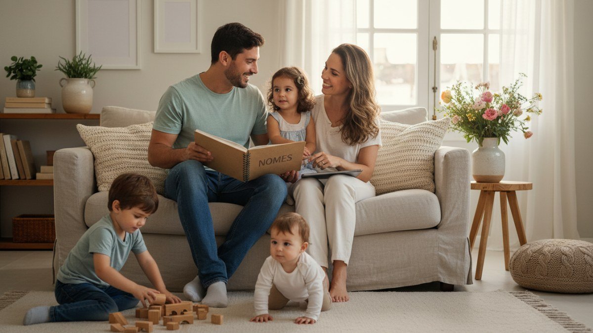 Fam&iacute;lia brasileira sorridente, com pai, m&atilde;e e filhos (beb&ecirc; e crian&ccedil;a pequena), reunida em um ambiente aconchegante, folheando um livro ou tablet para escolher nomes que combinem para os irm&atilde;os. A cena evoca afeto, planejamento e a alegria da fam&iacute;lia.