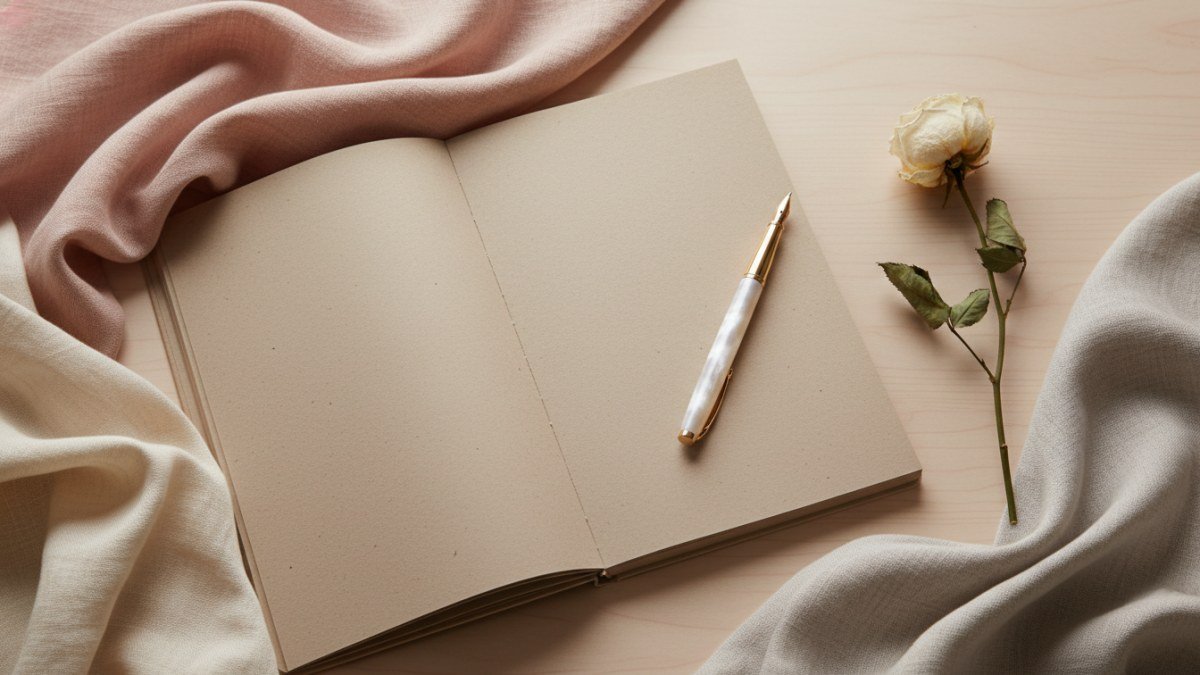 Composição em flat lay com caderno aberto e caneta, simbolizando a busca por nomes delicados para meninas, ao lado de um tecido suave em tons pastel e uma flor seca, sob luz natural.