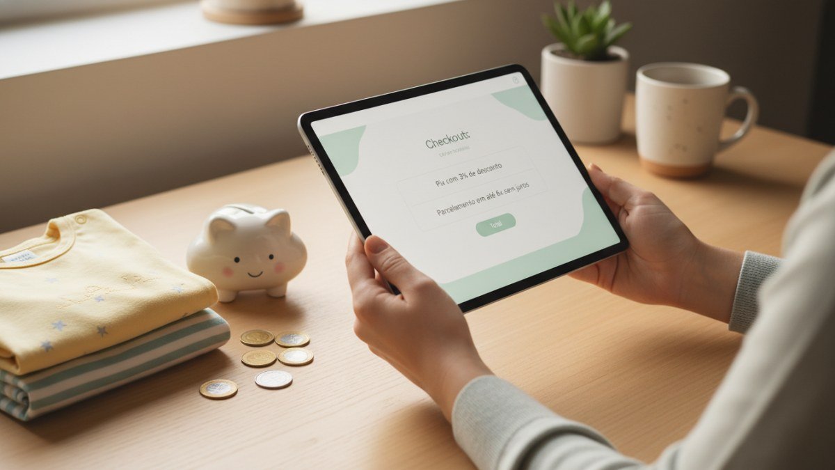 M&atilde;os adultas interagindo com um tablet que exibe uma p&aacute;gina de checkout de e-commerce de roupa infantil, destacando op&ccedil;&otilde;es de pagamento como Pix com desconto e parcelamento. Ao lado do tablet, pe&ccedil;as de roupa de crian&ccedil;a dobradas e moedas simbolizam economia e compra inteligente.