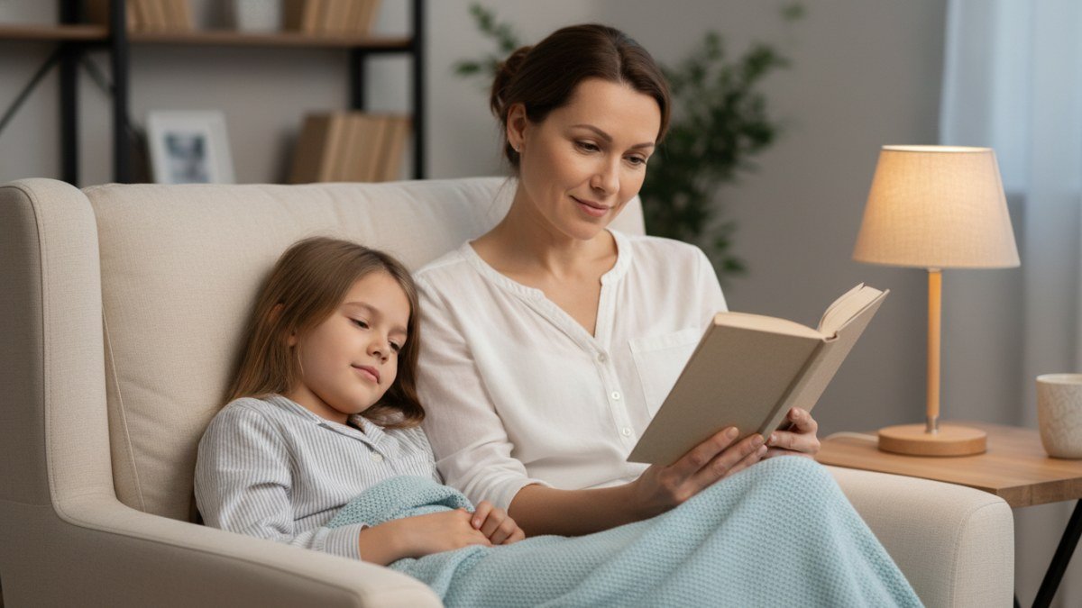 Crian&ccedil;a em pijama confort&aacute;vel, aninhada em cobertor, ouvindo um adulto ler uma hist&oacute;ria em um ambiente de luz suave, simbolizando a calma e a conex&atilde;o familiar no fim do dia.