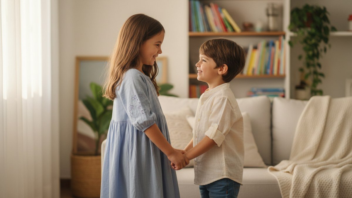 Dois irm&atilde;os jovens, um menino e uma menina, sorrindo e se abra&ccedil;ando com carinho em um ambiente iluminado. Eles vestem roupas infantis confort&aacute;veis e coloridas que se complementam, mas n&atilde;o s&atilde;o id&ecirc;nticas, simbolizando a harmonia na escolha de nomes para irm&atilde;os que mant&ecirc;m a individualidade de cada um.