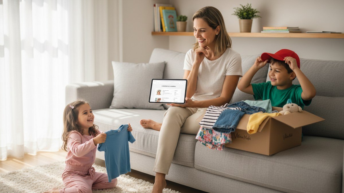 M&atilde;e sorridente com filhos em casa, ap&oacute;s uma compra online de roupa infantil, com tablet e caixa de pe&ccedil;as novas, simbolizando seguran&ccedil;a e economia.