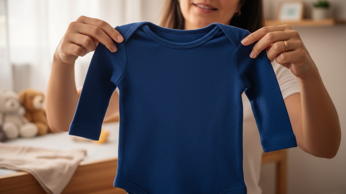 M&atilde;e ou pai inspecionando a trama de uma camiseta infantil de algod&atilde;o de alta qualidade, garantindo durabilidade, cores vibrantes e evitando bolinhas ou encolhimento.