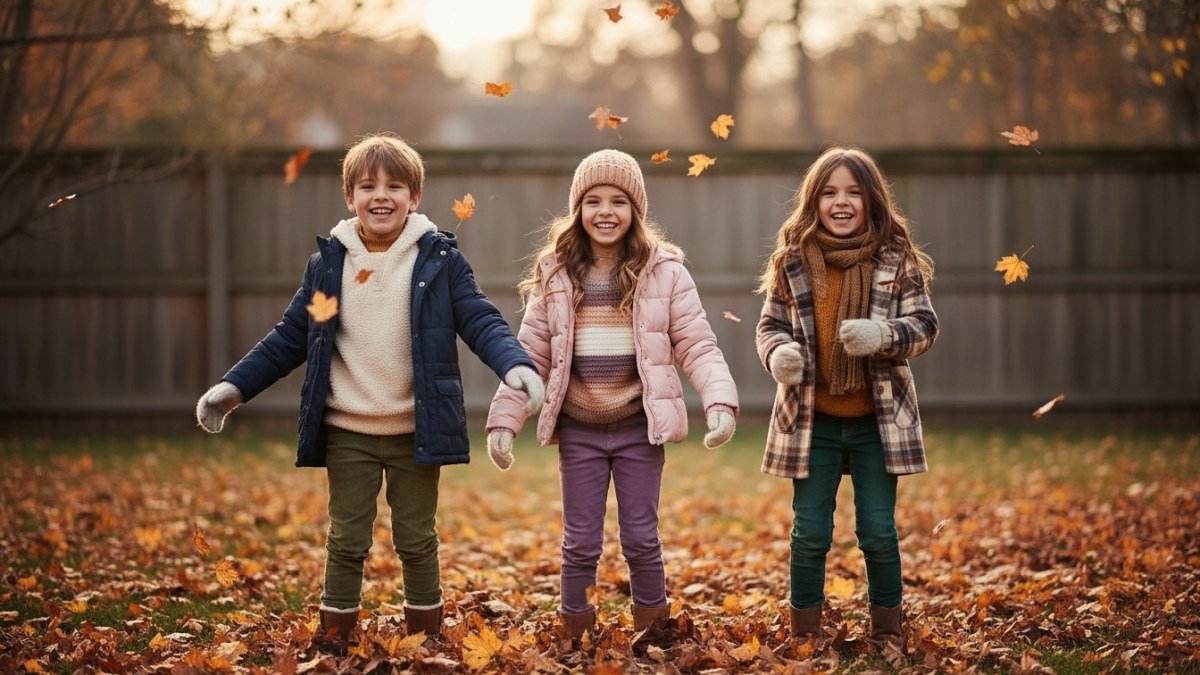 Crianças sorrindo e brincando em um dia frio, vestindo looks infantis quentinhos e confortáveis para o inverno, com moletons, casacos e calças que garantem proteção térmica e estilo.