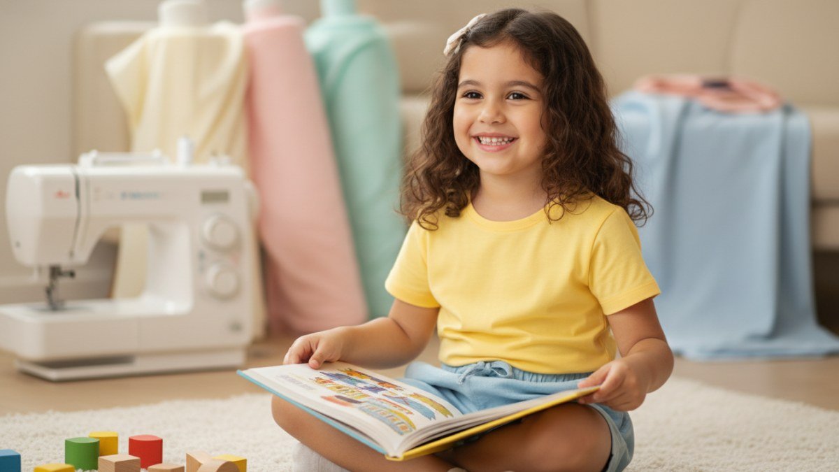 Crian&ccedil;a feliz e confort&aacute;vel usando roupa infantil de produ&ccedil;&atilde;o nacional, com tecidos de qualidade e acabamento impec&aacute;vel, em um ambiente que remete &agrave; fabrica&ccedil;&atilde;o cuidadosa.