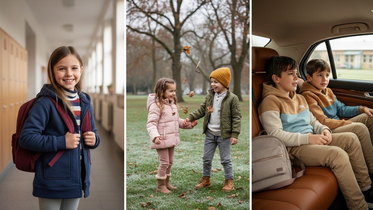 Crianças felizes e ativas em diferentes looks de inverno: um look escolar com moletom, um look de passeio com jaqueta e um look confortável para viagem. A imagem destaca a versatilidade das roupas infantis quentinhas da Vitrine Madri para diversas ocasiões no frio.