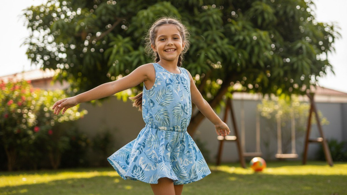 Crian&ccedil;a sorridente brincando livremente ao ar livre, vestindo roupas de algod&atilde;o de alta qualidade que oferecem conforto, seguran&ccedil;a e durabilidade, destacando os benef&iacute;cios da produ&ccedil;&atilde;o nacional.