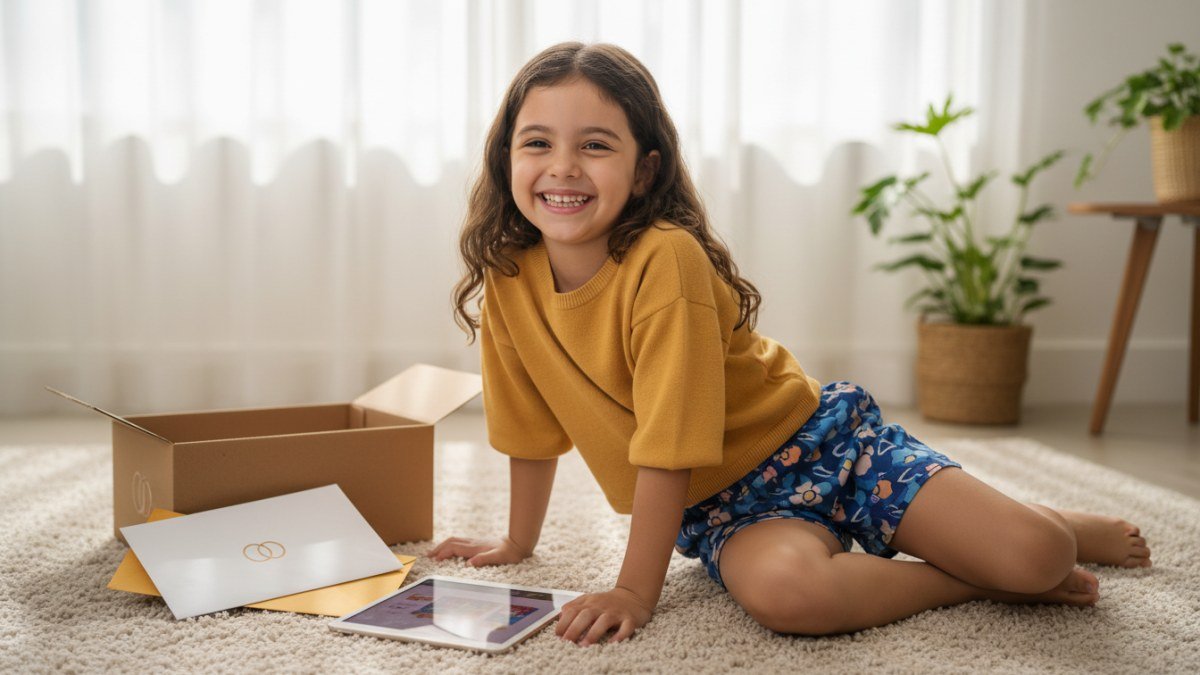Criança feliz e confortável em roupa infantil brasileira de qualidade, simbolizando a agilidade na entrega e o bom custo-benefício da produção nacional.