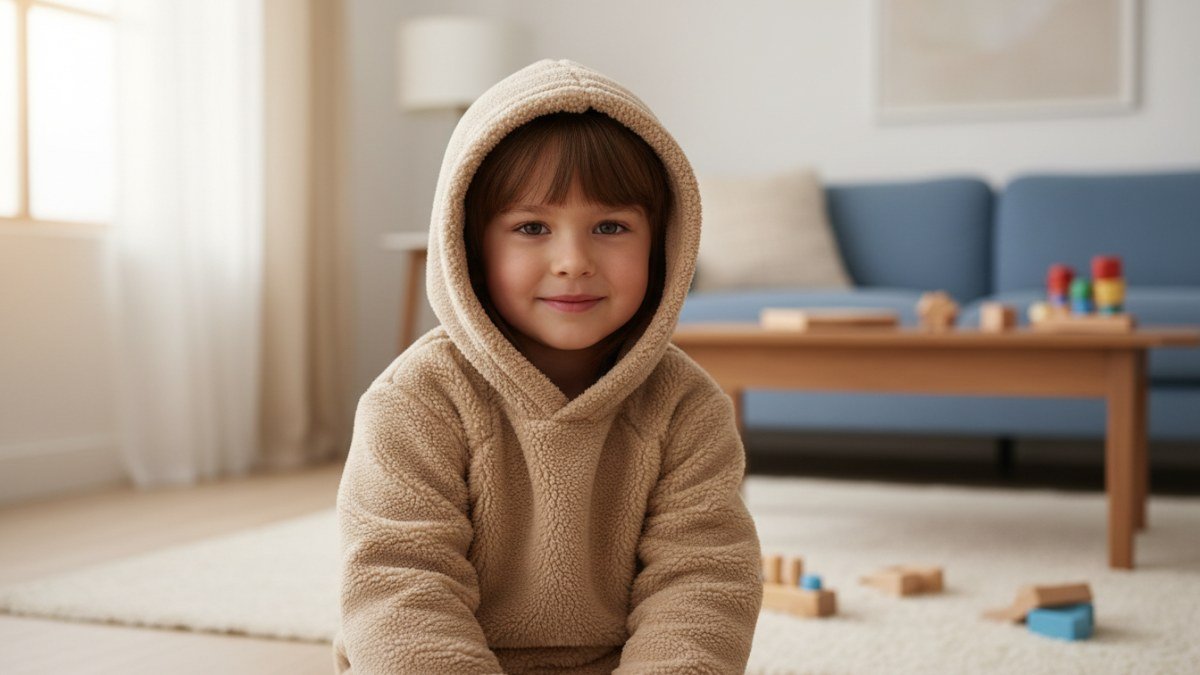 Crian&ccedil;a sorridente de aproximadamente 5 anos brincando em uma sala aconchegante, usando um moletom infantil cinza claro que aparenta ser muito quentinho e macio, com foco na textura do tecido.