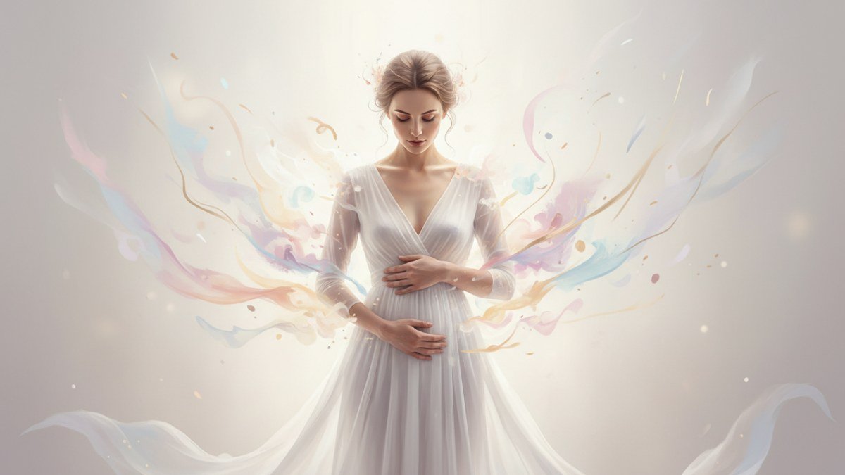 Mulher em pose serena com mãos sobre o abdômen, rodeada por luzes e formas abstratas, simbolizando o nascimento de ideias e projetos. Representa o significado de sonhar com gravidez e novas fases da vida.