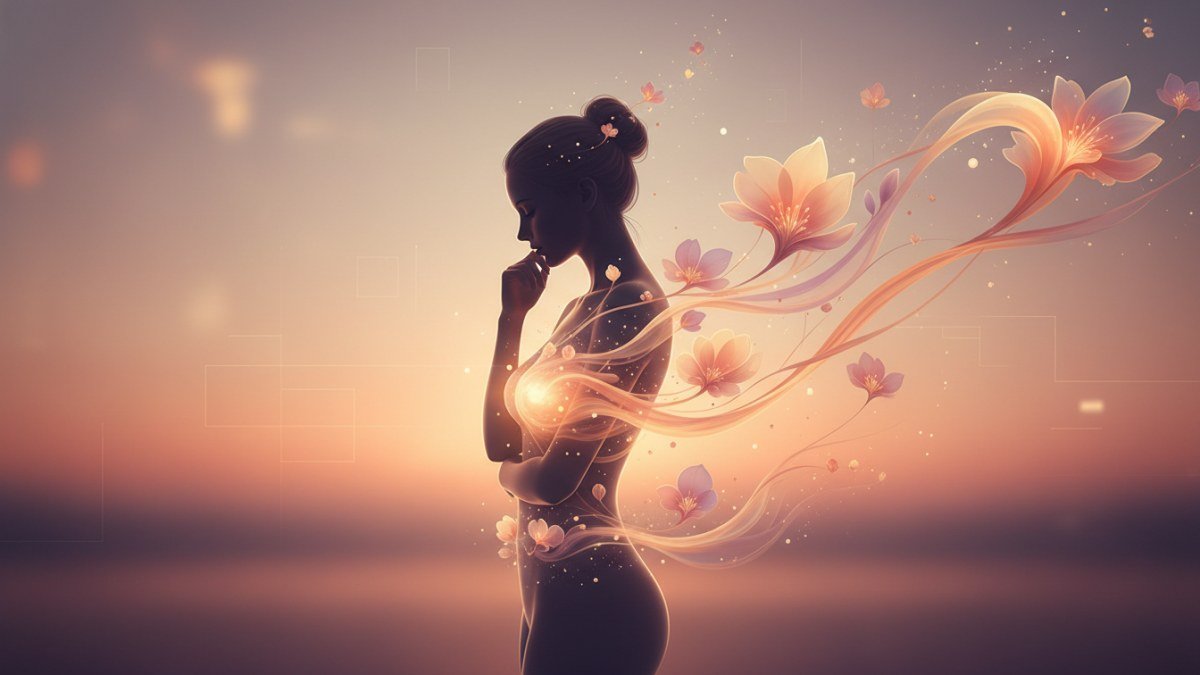Imagem abstrata e onírica de uma figura pensativa com luzes e formas etéreas ao redor, simbolizando a gestação de novas ideias e o florescer de potenciais nos sonhos.