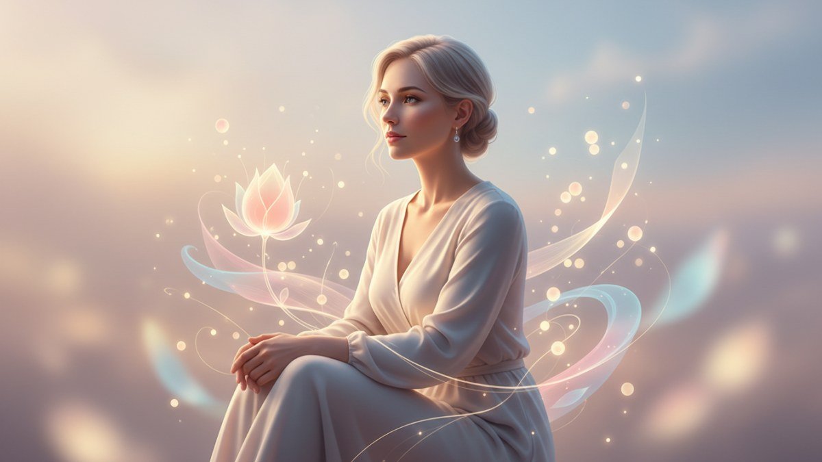 Imagem abstrata e serena de uma pessoa em contemplação, com elementos de luz e formas orgânicas ao redor, simbolizando o desenvolvimento de novas ideias e o início de fases importantes na vida, em linha com a interpretação de sonhos de gravidez.