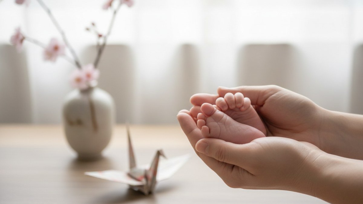 M&atilde;os de um adulto segurando a pequena m&atilde;o de um beb&ecirc;, com um fundo desfocado que sugere delicados elementos da cultura japonesa, como flores de cerejeira, simbolizando a escolha cuidadosa de um nome para o filho.
