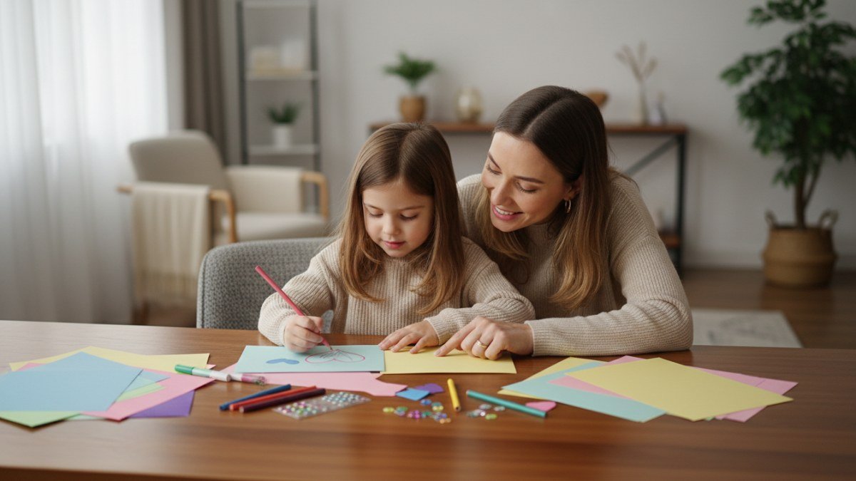 Mãe e filho criando juntos um cartão de Dia das Mães, com papéis coloridos e canetas, simbolizando a elaboração de frases criativas e homenagens personalizadas em família.
