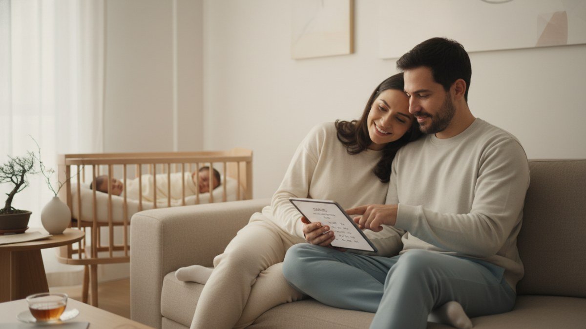 Casal feliz e pensativo escolhendo nomes japoneses masculinos para seu beb&ecirc;, que dorme tranquilamente no ber&ccedil;o ao fundo. Eles folheiam um guia de nomes em um ambiente acolhedor e com luz natural.