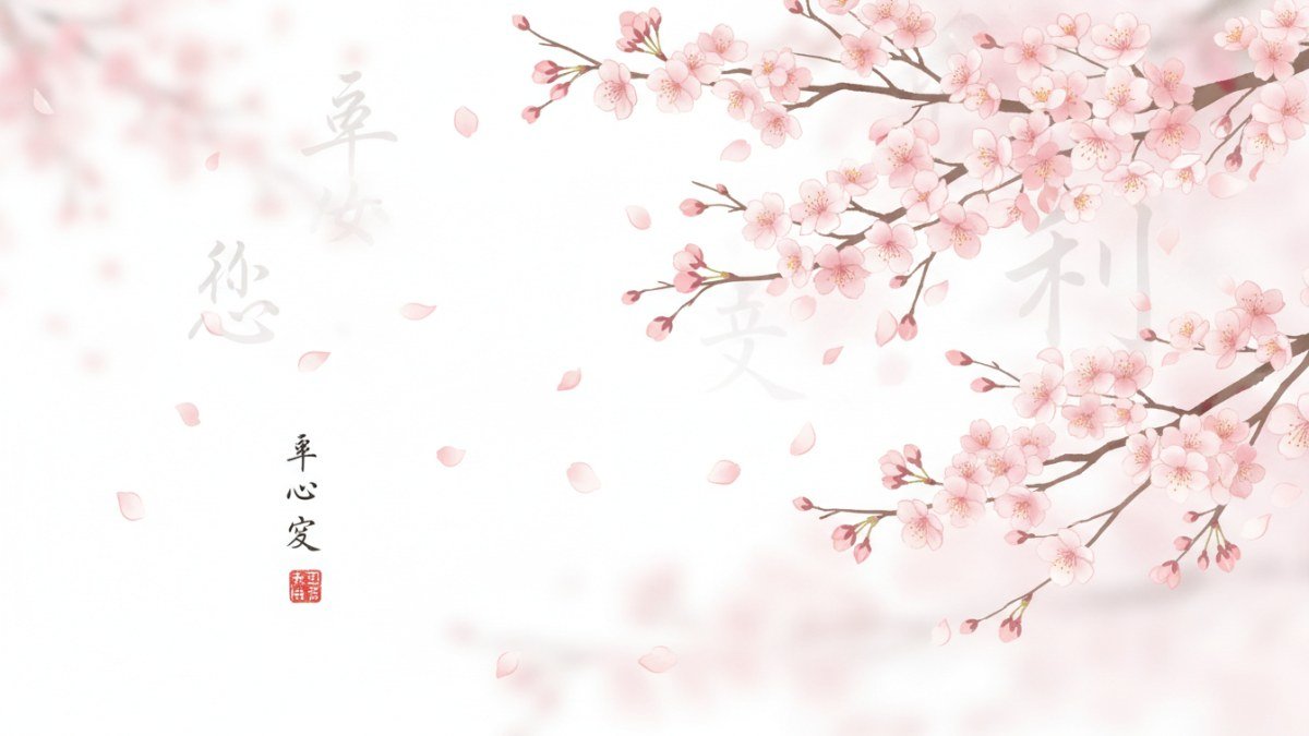 Ilustração delicada de flores de cerejeira (sakura) com ideogramas kanji flutuando ao fundo, simbolizando a beleza e o significado cultural dos nomes femininos japoneses. Cores pastel e luz suave.