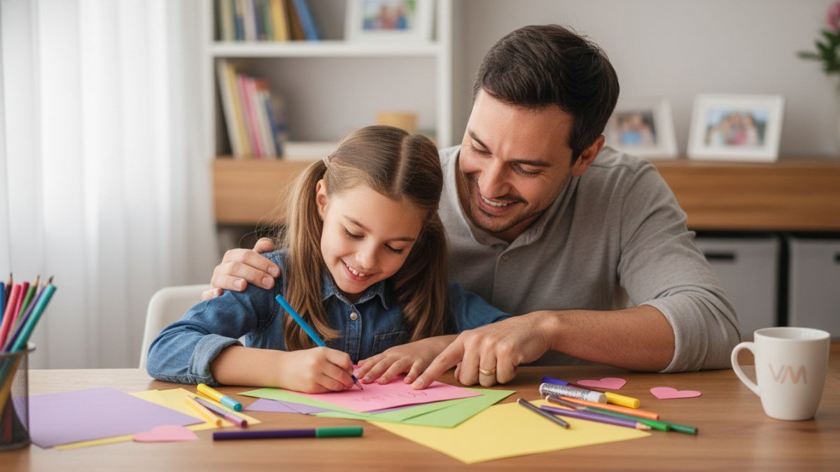 Pai e filha, ambos vestindo roupas confortáveis e casuais, colaborando na criação de uma frase ou cartão criativo para o Dia das Mães, com materiais de arte espalhados na mesa, transmitindo um momento de afeto e aprendizado em família.