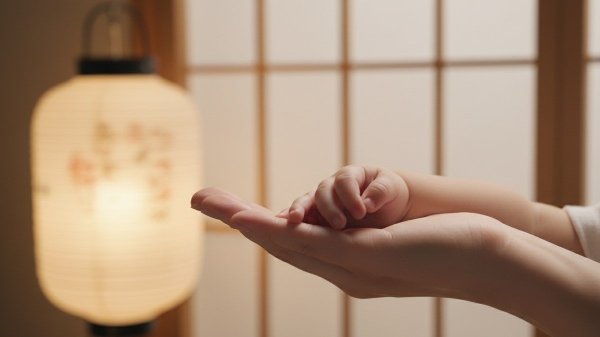 M&atilde;os de um beb&ecirc; e de um adulto se tocando suavemente, com um fundo desfocado que sugere uma atmosfera tranquila e elegante, inspirada na cultura japonesa. A imagem representa o carinho e a import&acirc;ncia da escolha do nome para o filho.