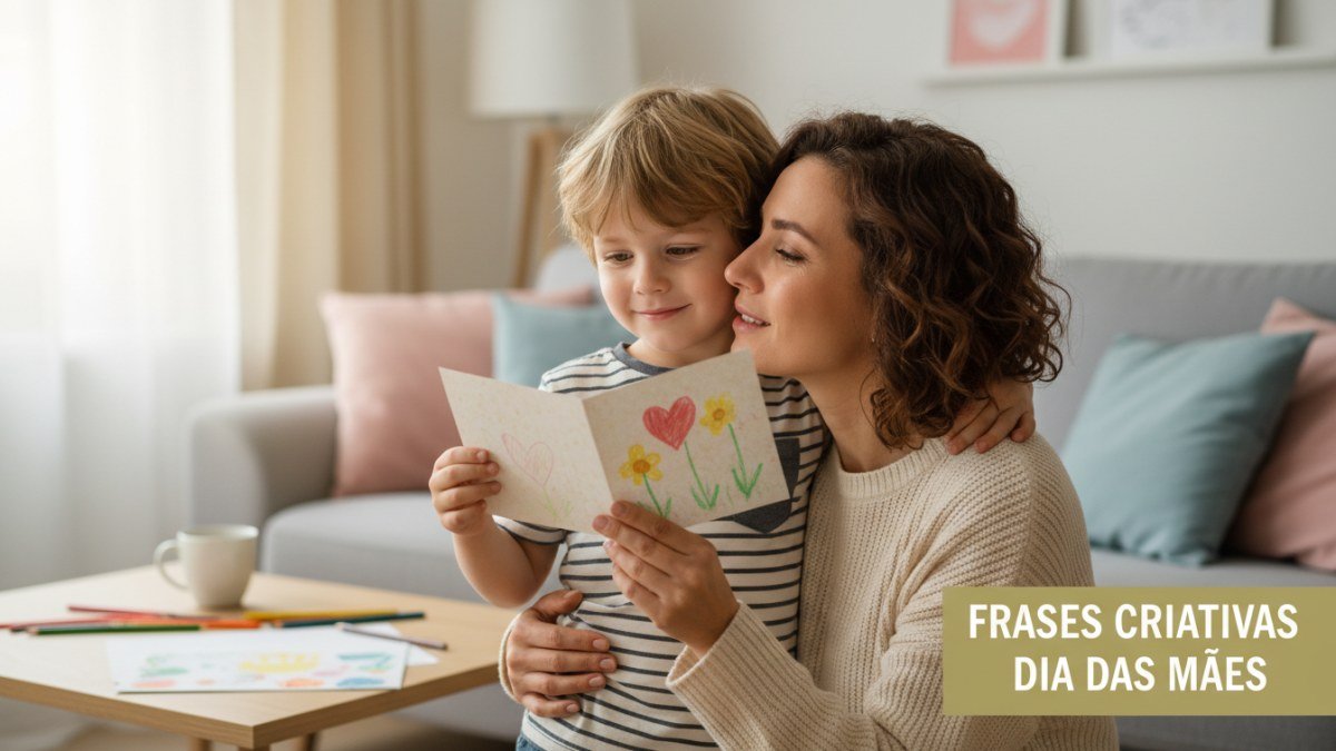 Mãe e filho em um momento terno, com a criança entregando um cartão artesanal que contém uma frase especial para o Dia das Mães. A imagem evoca a autenticidade e o carinho das homenagens criadas em família.