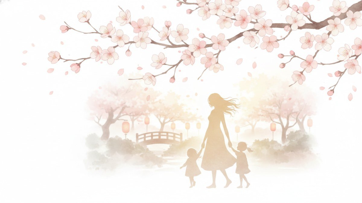 Ilustração de mãe e filha caminhando de mãos dadas entre cerejeiras em flor, simbolizando a beleza e o futuro dos nomes femininos japoneses.