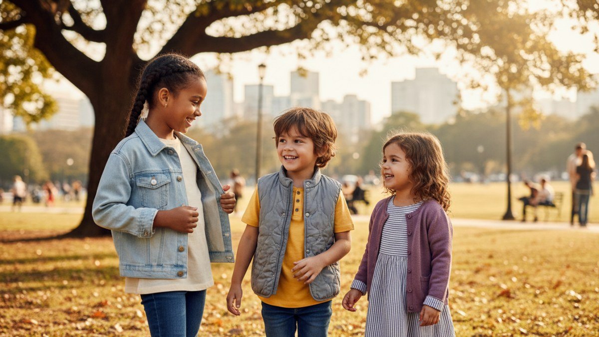 Crian&ccedil;as vestindo-se em camadas para o clima inconstante, com uma menina tirando um casaco leve em um parque ensolarado, mostrando a versatilidade das roupas infantis para manh&atilde;s frias e tardes quentes, priorizando conforto e qualidade de tecidos Vitrine Madri.