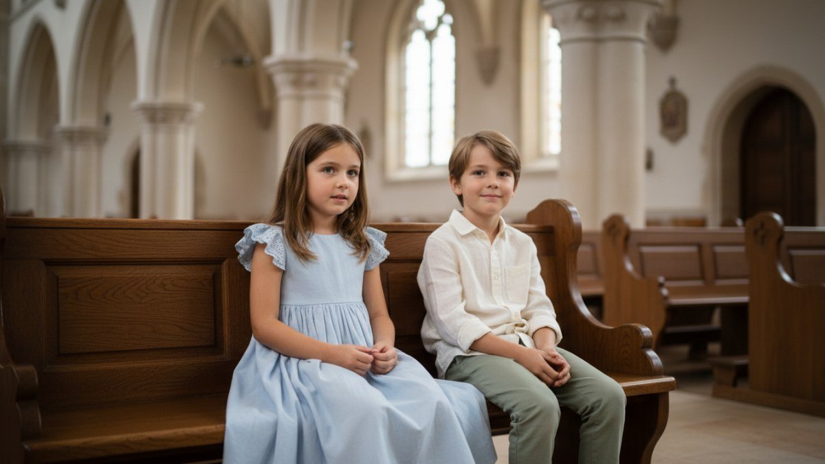 Menino e menina vestidos com roupas infantis confort&aacute;veis de algod&atilde;o e linho, sentados em banco de igreja, exemplificando a escolha cuidadosa para ambientes religiosos.