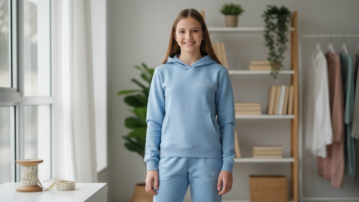 Menina pr&eacute;-adolescente sorrindo, vestindo um conjunto de roupa juvenil confort&aacute;vel e estiloso que lhe veste bem, em um ambiente iluminado. A imagem transmite a ideia de crescimento e a import&acirc;ncia de acertar no tamanho 16 para crian&ccedil;as em transi&ccedil;&atilde;o.