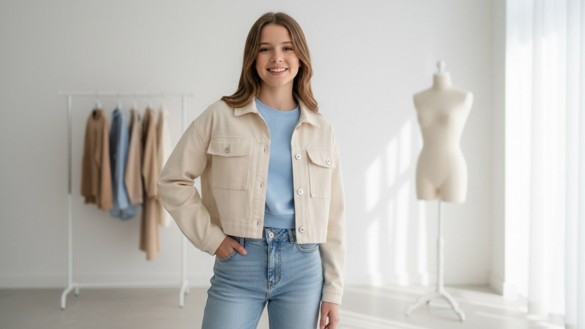 Jovem pr&eacute;-adolescente sorridente e confiante, vestindo um conjunto de roupa casual e moderno que se ajusta perfeitamente, representando o tamanho 20 juvenil (equivalente a P adulto). A imagem ilustra a transi&ccedil;&atilde;o de tamanhos infantis para juvenis com conforto e estilo.
