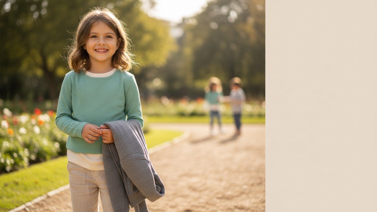 Crian&ccedil;a sorridente em um parque, vestindo look em camadas com camiseta, blusa de manga longa e casaco leve nas m&atilde;os, demonstrando como se adaptar a varia&ccedil;&otilde;es de temperatura do frio ao calor.