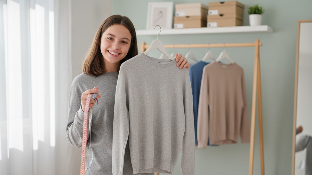 Jovem pré-adolescente (12-14 anos) em um momento de escolha de roupa, refletindo sobre o tamanho ideal. A imagem sugere a transição para a moda juvenil e a importância das medidas para acertar no tamanho 18, com foco no conforto e estilo.