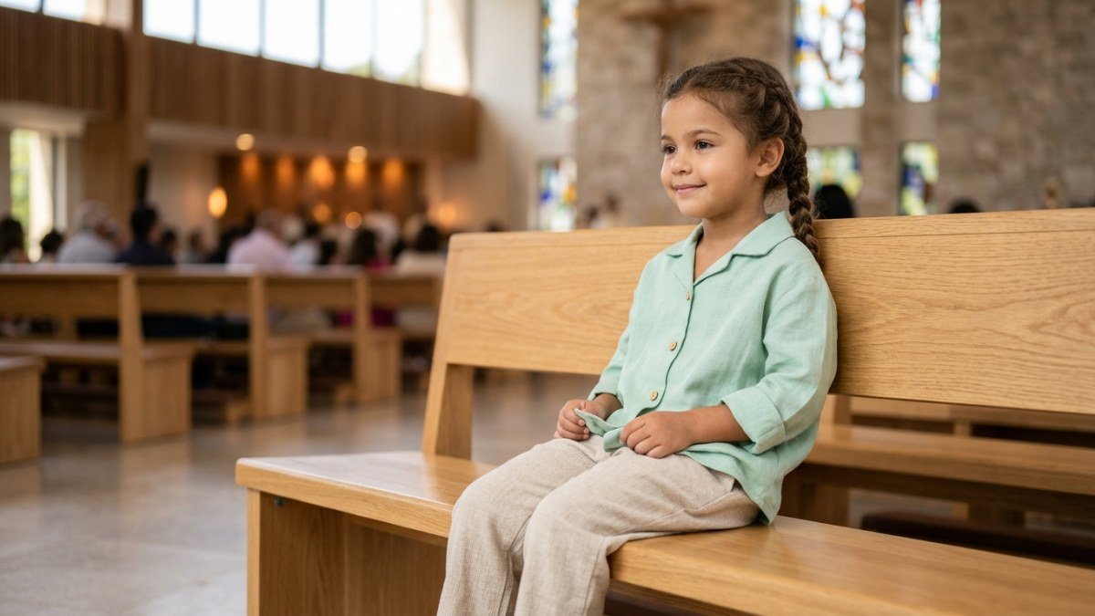 Crian&ccedil;a vestindo roupa infantil confort&aacute;vel de algod&atilde;o ou linho em tons suaves, sentada em um banco de igreja. A imagem ressalta a import&acirc;ncia de tecidos macios e respir&aacute;veis para o bem-estar das crian&ccedil;as em ambientes religiosos.