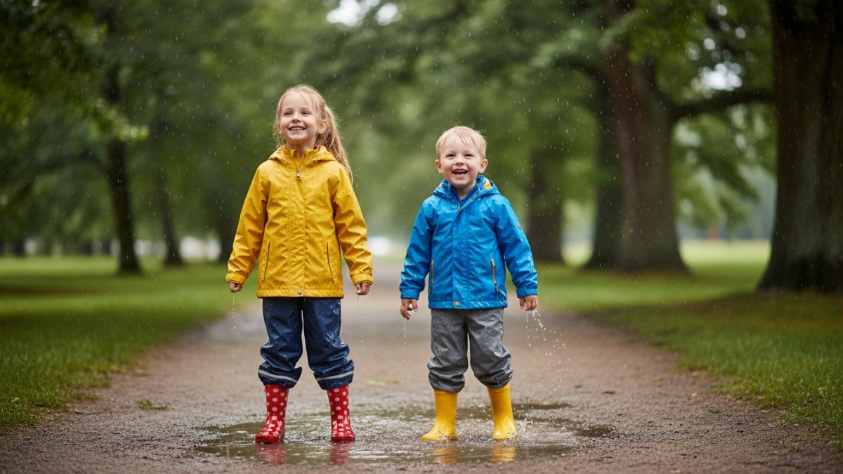 Duas crian&ccedil;as felizes, vestindo capas de chuva coloridas e galochas, brincam e pulam em uma po&ccedil;a d'&aacute;gua em um dia chuvoso. Elas est&atilde;o sorrindo, demonstrando conforto e prote&ccedil;&atilde;o com as roupas adequadas para o clima, em um ambiente natural.