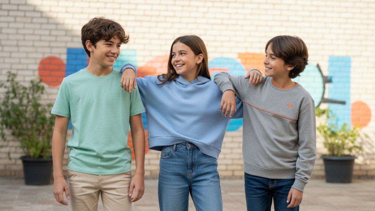 Grupo de pr&eacute;-adolescentes sorrindo e interagindo, vestindo roupas juvenis confort&aacute;veis e estilosas da Vitrine Madri. A imagem destaca o bom caimento e a qualidade das pe&ccedil;as, essenciais para o dia a dia de quem busca o tamanho 20 juvenil.