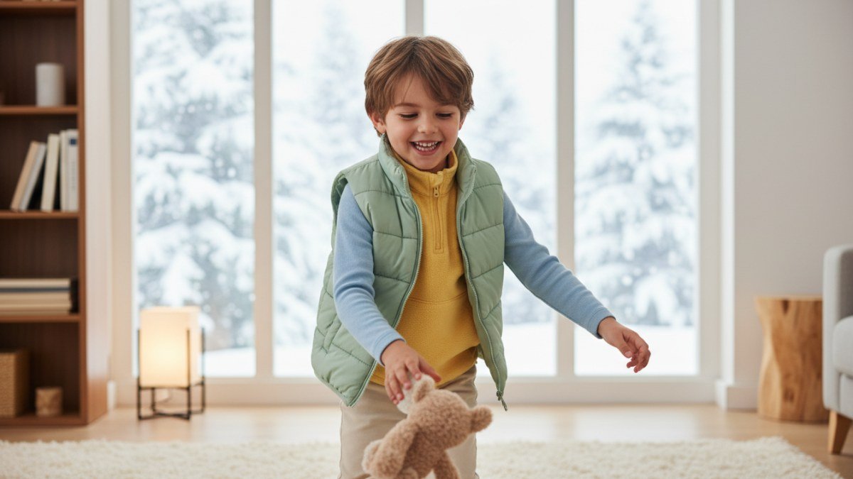 Crian&ccedil;a sorridente brincando em ambiente aquecido, usando roupas de inverno em camadas inteligentes para conforto e liberdade de movimento.
