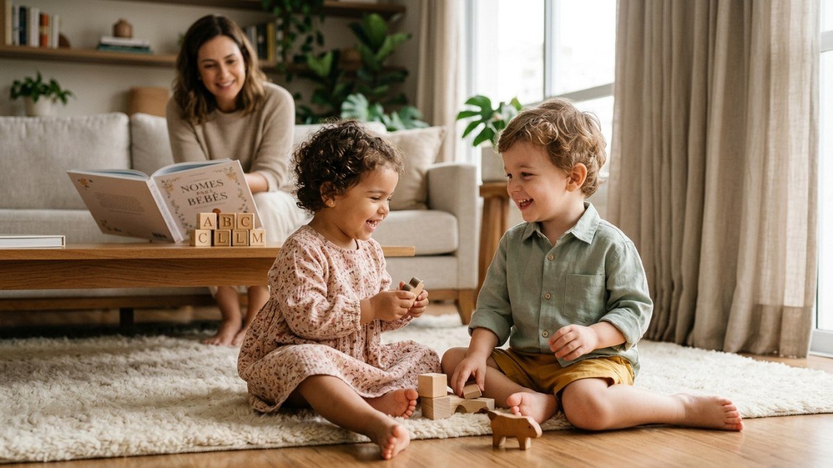 Dois beb&ecirc;s g&ecirc;meos, um menino e uma menina, sentados pr&oacute;ximos em um ambiente claro e aconchegante, vestindo roupas da Vitrine Madri. A imagem representa a busca por nomes que combinam para irm&atilde;os g&ecirc;meos, mas que respeitam a individualidade de cada um, com um livro de nomes de beb&ecirc;s aberto ao fundo.