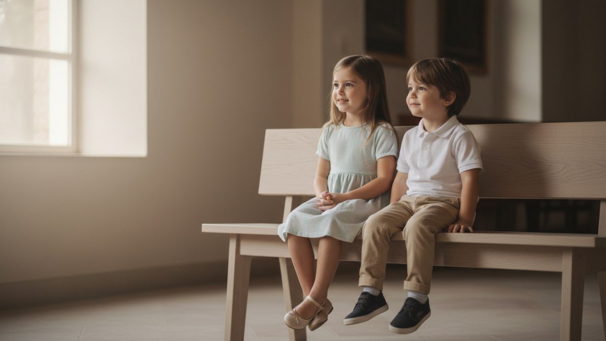 Duas crian&ccedil;as, uma menina e um menino, vestidas com roupas confort&aacute;veis e adequadas para a igreja, sentadas em um banco de madeira. A imagem destaca o equil&iacute;brio entre conforto e respeito na moda infantil para ambientes religiosos e momentos de f&eacute;.