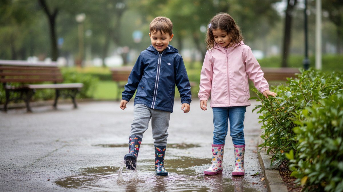Duas crian&ccedil;as felizes brincam em po&ccedil;as d'&aacute;gua ap&oacute;s a chuva, vestindo casacos imperme&aacute;veis coloridos, cal&ccedil;as confort&aacute;veis e galochas, mostrando looks infantis ideais para dias chuvosos.