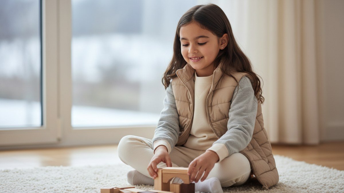 Crian&ccedil;a confortavelmente vestida em camadas para o frio, brincando em ambiente acolhedor, destacando a t&eacute;cnica de vestu&aacute;rio inteligente para o inverno com roupas de qualidade.