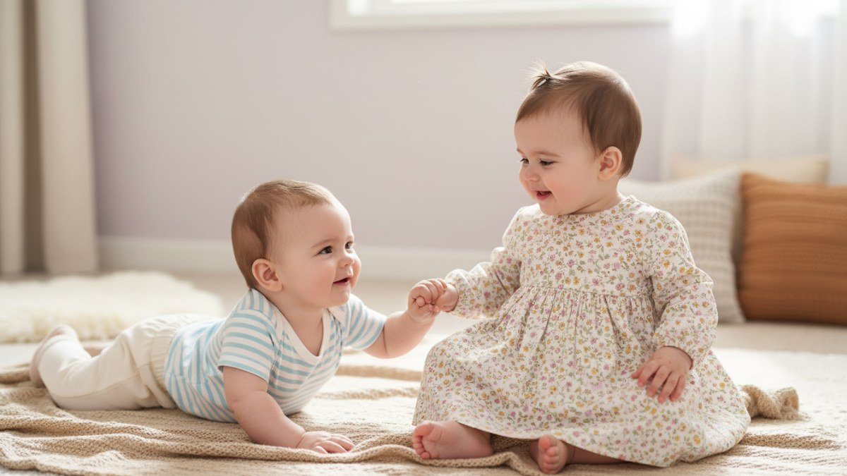 G&ecirc;meos, um menino e uma menina, em roupas confort&aacute;veis e complementares, representando a busca por nomes que combinam sem perder a individualidade.