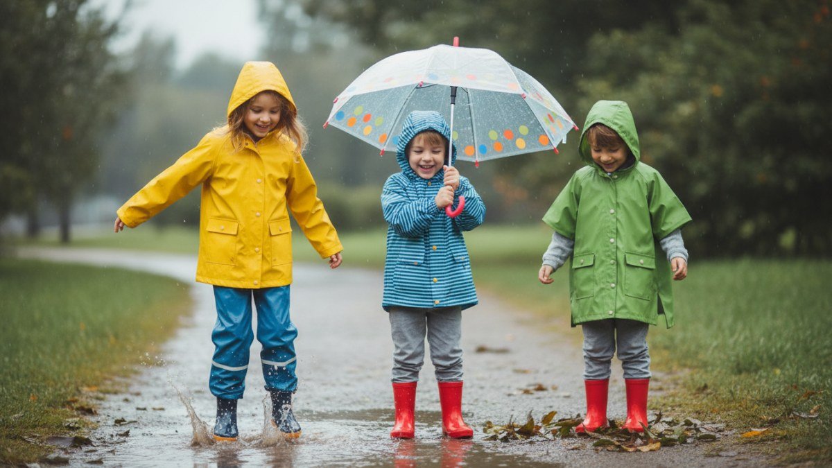 Crian&ccedil;as sorridentes brincando em po&ccedil;as d'&aacute;gua ap&oacute;s a chuva, vestindo capas de chuva coloridas, galochas e roupas confort&aacute;veis. A imagem destaca a liberdade e prote&ccedil;&atilde;o da roupa infantil adequada para dias chuvosos, refor&ccedil;ando o conforto e a durabilidade.