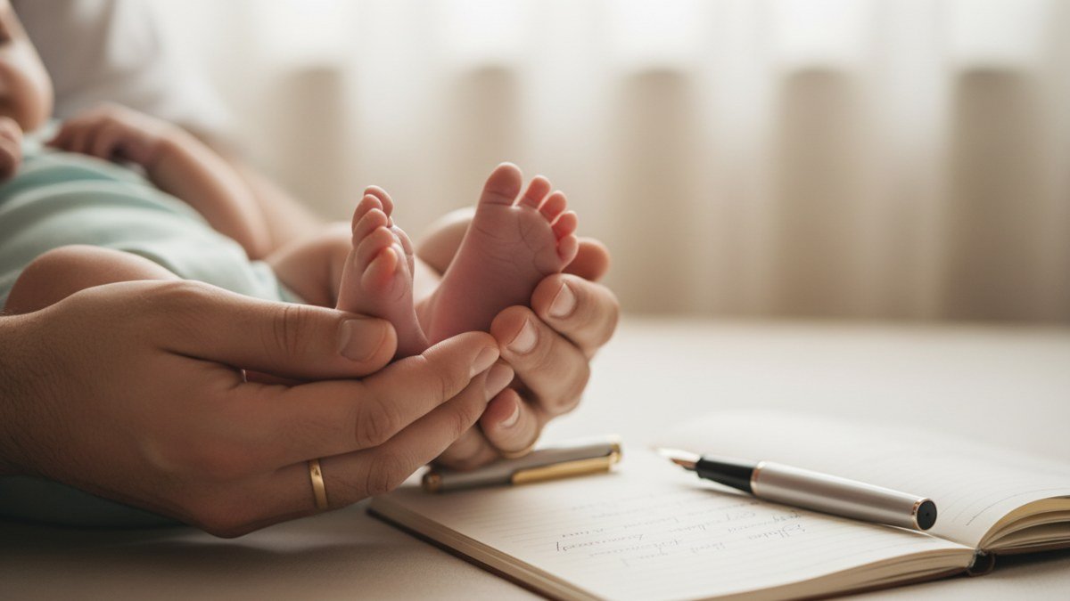 M&atilde;os carinhosas de pais segurando os pezinhos de um beb&ecirc; rec&eacute;m-nascido, com um caderno ao fundo, representando a importante escolha de nomes compostos com Jo&atilde;o.