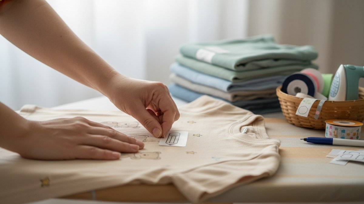 Mãos de uma mãe aplicando cuidadosamente uma etiqueta termocolante em uma camiseta infantil para a escola, com outras roupas e materiais de etiquetagem organizados na mesa.