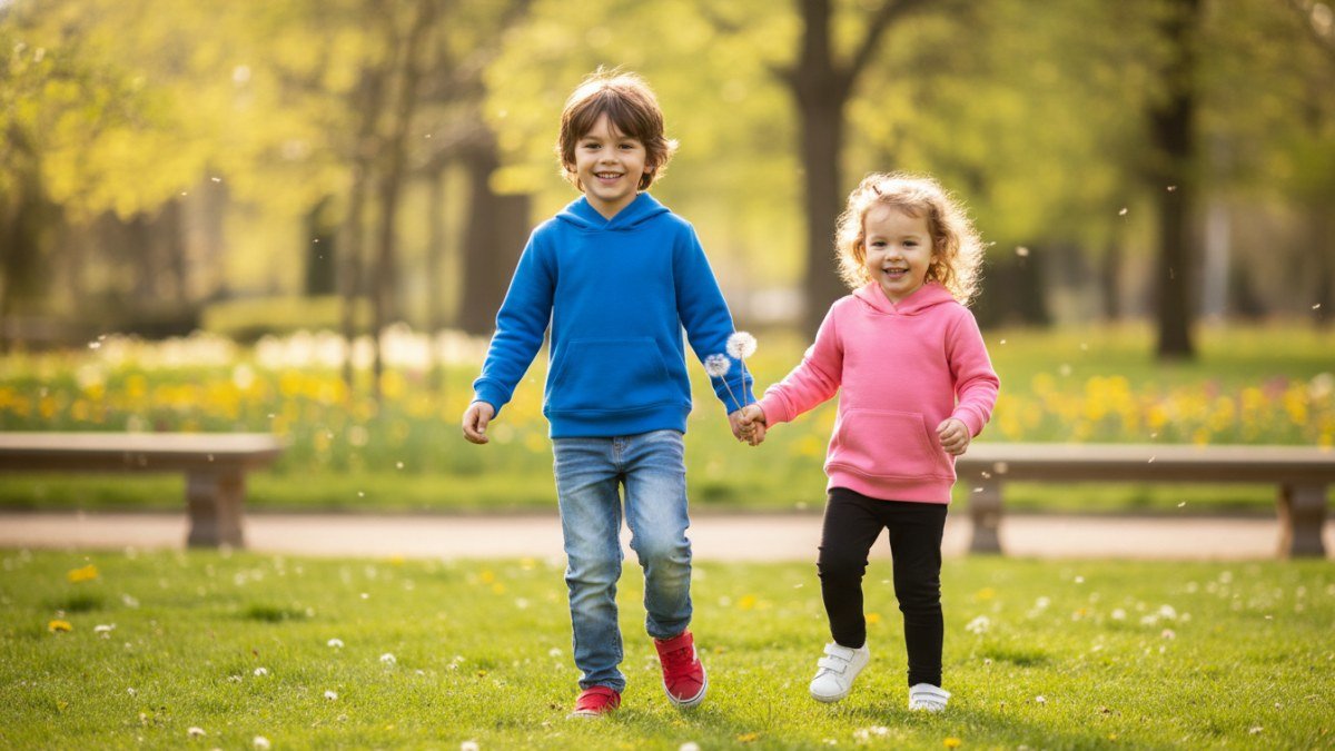Duas crian&ccedil;as, um menino e uma menina, brincando em um parque ensolarado, vestindo casacos de moletom coloridos e confort&aacute;veis, combinados com cal&ccedil;as jeans e leggings, exemplificando looks infantis pr&aacute;ticos e estilosos para o dia a dia.